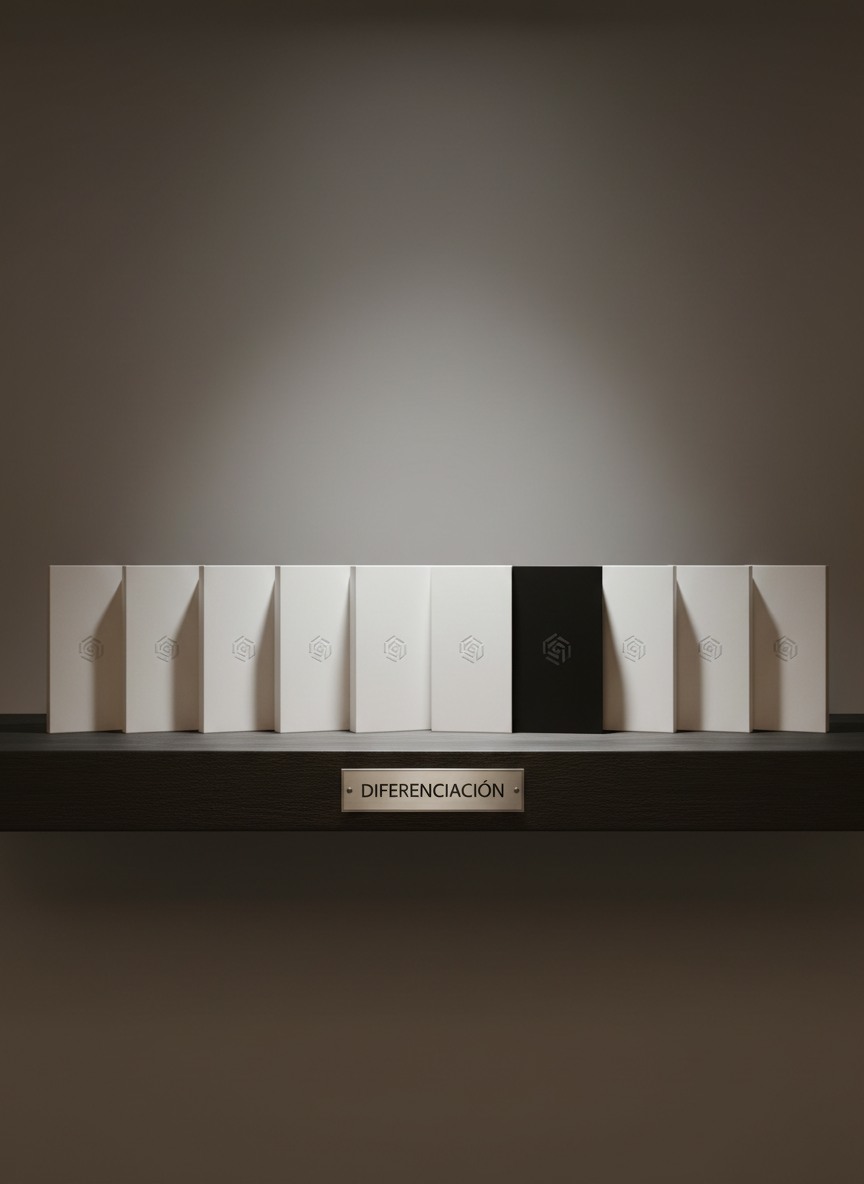 A dramatic, high-contrast product shelf made of dark, matte wood displays a row of nearly identical unbranded white smartphone boxes, all perfectly aligned, except for one striking black box with a subtle, embossed abstract logo. A small, metallic plaque beneath the row reads "DIFERENCIACIÓN" in clean, sans-serif Spanish typography. Focused directional lighting from above creates a spotlight effect on the black box, casting elongated shadows and emphasizing its uniqueness. The background fades into a soft, neutral blur, achieved through a shallow depth of field. Captured straight-on with a centered composition, the image feels bold and authoritative. The photographic realism and minimalist design visually communicate the power of standing out amidst parity in a crowded market.