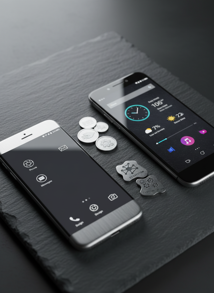 Two premium smartphones, one with a brushed aluminum finish and minimalist monochrome interface, the other with a glossy, vibrant screen showing customizable widgets, lie diagonally on a dark slate surface. Between them, small engraved metal tokens are arranged in two groups: shared icons like camera, speed, and design on one side, and unique symbols such as ecosystem and customization on the other, representing parity and differentiation. Focused overhead lighting casts controlled highlights on the devices and creates crisp, professional shadows. Shot from directly above with a rule-of-thirds composition and shallow depth of field that softly blurs the slate edges, the image feels analytical yet dynamic. The photographic realism and cool, tech-forward mood support a detailed discussion of how similar features and unique benefits impact brand success.