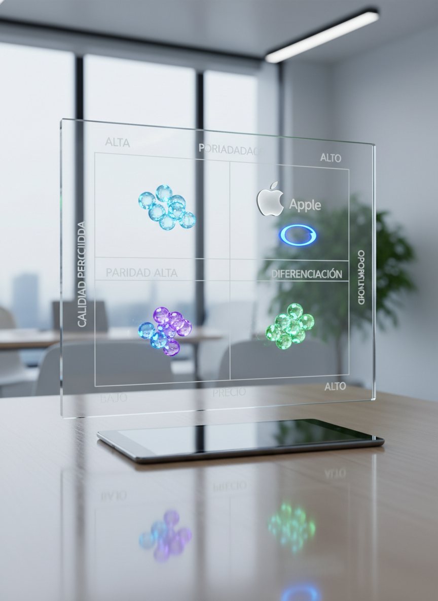 A large, transparent acrylic positioning map is etched with horizontal and vertical axes labeled in Spanish for price and perceived quality, floating above a light wood desk. Small, glowing, abstract markers represent different brands clustered in parity zones, while two distinct markers for Apple and Samsung sit apart in a differentiation quadrant. A slim, black tablet lies beneath, its glossy screen reflecting the map. Cool, diffused studio lighting creates crisp edges and soft shadows, enhancing legibility. Captured from an eye-level perspective with sharp focus throughout, the composition is balanced and clean, evoking analytical clarity. The photographic style and modern corporate environment reinforce concepts of brand positioning, points of parity, and points of difference.