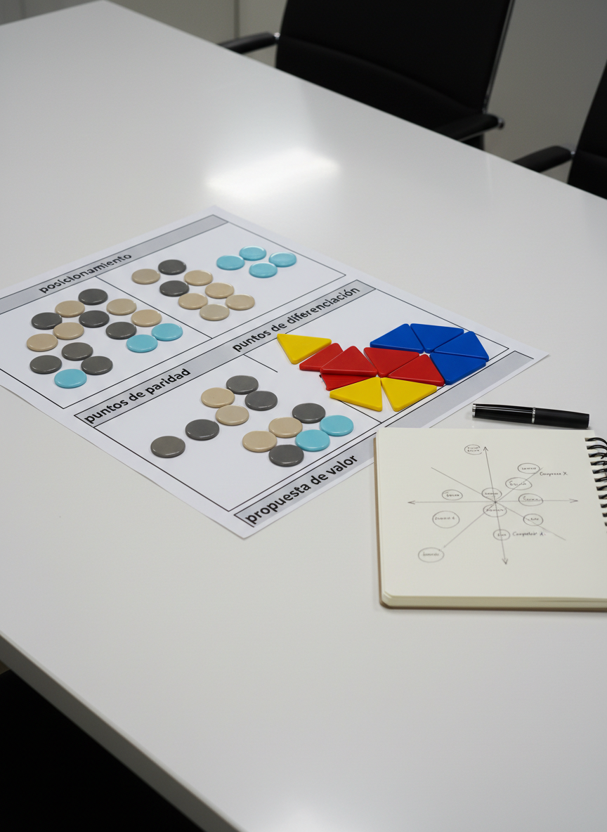 A minimalist white conference table holds a large, laminated brand framework canvas filled with neatly printed Spanish labels: "posicionamiento", "puntos de paridad", "puntos de diferenciación", and "propuesta de valor". Colored magnet tiles shaped like neutral circles and distinctive triangles are carefully placed in different sections, symbolizing brand attributes. Beside the canvas rests an open notebook with a clean, hand-drawn perceptual map and a fine-tip black pen. Soft, overhead office lighting creates gentle, even illumination with barely-there shadows, emphasizing clarity and organization. Photographed from a slightly elevated three-quarter angle, the entire table is in sharp focus, projecting a professional, methodical mood. The realistic, corporate style makes the scene ideal for illustrating structured marketing thinking around brand positioning.