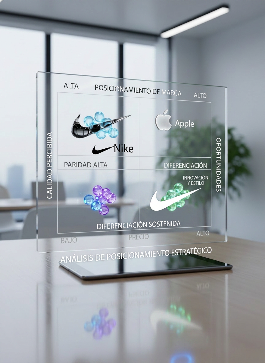 A large, transparent acrylic positioning map is etched with horizontal and vertical axes labeled in Spanish for price and perceived quality, floating above a light wood desk. Small, glowing, abstract markers represent different brands clustered in parity zones, while two distinct markers for Apple and Samsung sit apart in a differentiation quadrant. A slim, black tablet lies beneath, its glossy screen reflecting the map. Cool, diffused studio lighting creates crisp edges and soft shadows, enhancing legibility. Captured from an eye-level perspective with sharp focus throughout, the composition is balanced and clean, evoking analytical clarity. The photographic style and modern corporate environment reinforce concepts of brand positioning, points of parity, and points of difference.