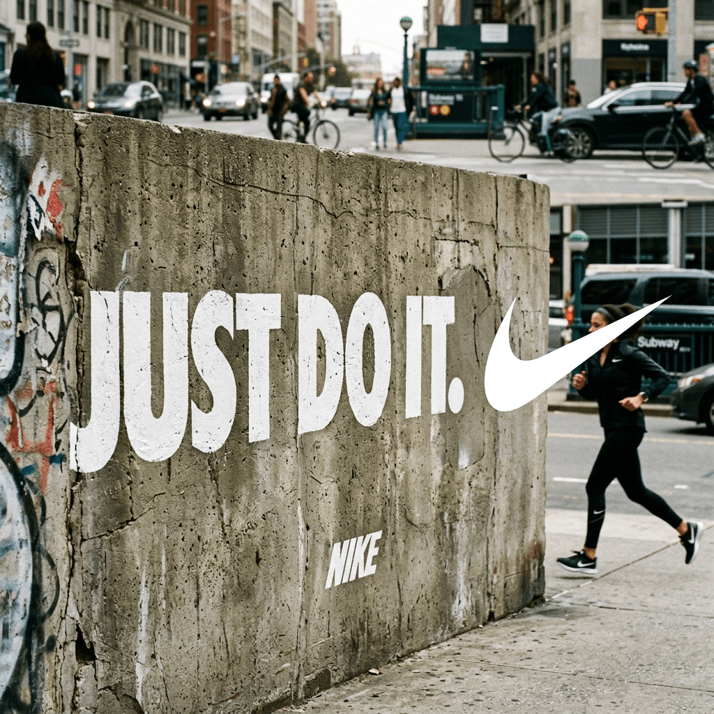 Concrete wall with large white text 'JUST DO IT.' and Nike logo, person running nearby