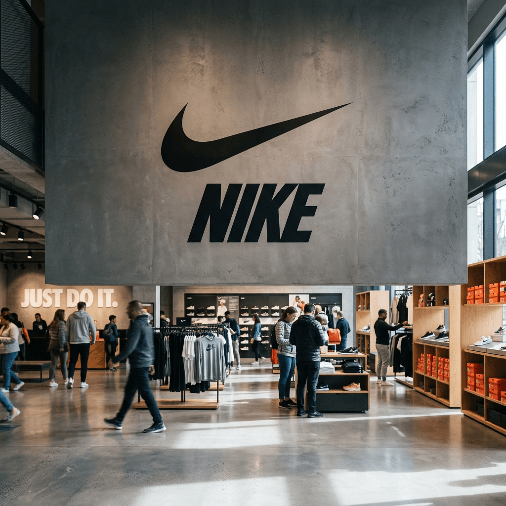 Interior of a Nike store with shoppers, clothing racks, and large Nike logo on wall